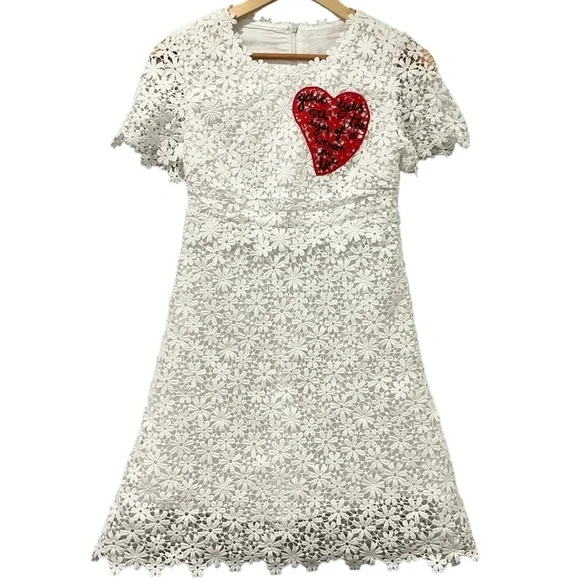 White Lace Mini Dress with Embroidered Heart Detail Crochet Boho Bride W… - Picture 4 of 15